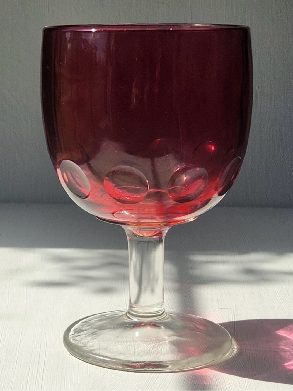 Vintage 1960s Bartlett Collins Ruby Red Thumbprint Goblet Glass Clear Stem 6”